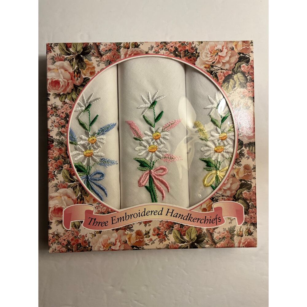Three Ladies Embroidered Handkerchiefs - Beautiful Flowers! - Picture 3 of 4